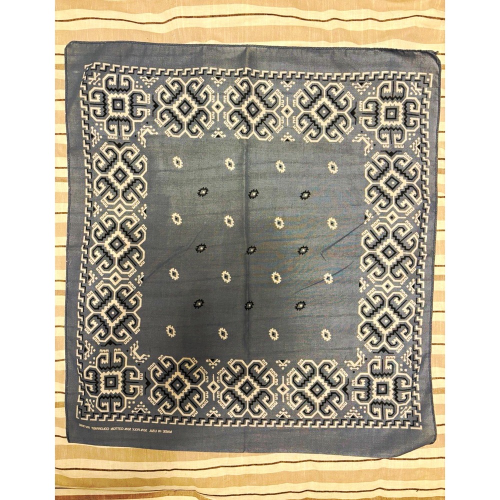 Colorfast Geometric Bandana Handkerchief rn 13960 Blue White elephant Vtg